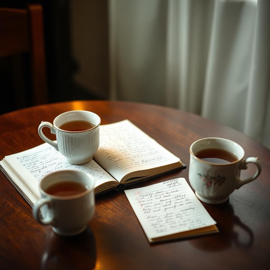 Two teacups and an open notebook on a wooden table